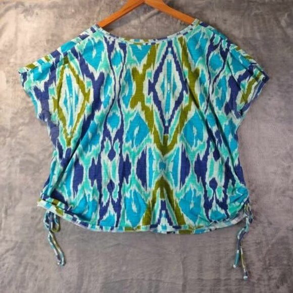 Lane Bryant Ikat Green & Blue Print Cotton Top Drawstring Hem 18/20 100% Cotton - Picture 4 of 10